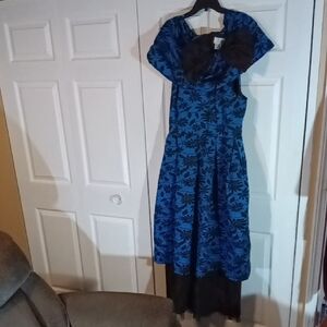 Blue Floral Fit-and-Flare Dress with Black Bow